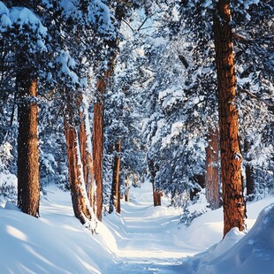 冬日雪覆松林的静谧小径