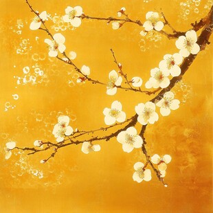 金黄背景下的素雅白梅绽放