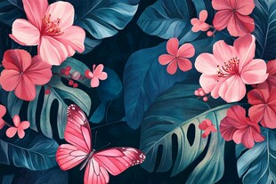 粉色花卉与蝴蝶梦幻图案