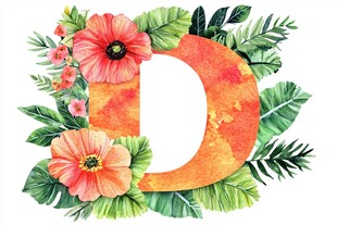 花卉环绕的水彩字母D