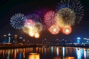 城市夜空绚烂烟花秀