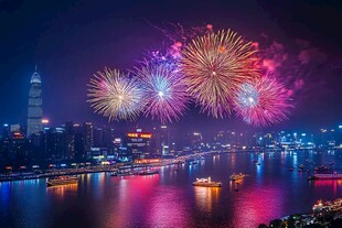 城市夜空中绚烂的烟花秀