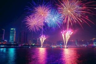 城市夜空绚烂烟花秀