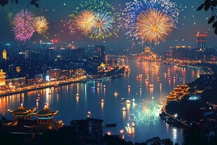 江畔璀璨烟花夜景