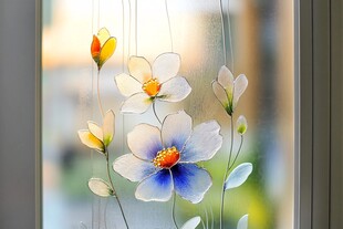 窗上绽放的梦幻花朵