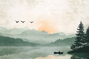 湖山暮景 扁舟飞鸟图