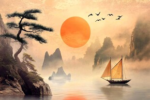 夕阳下的山水帆船美景