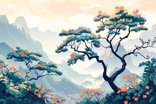 山间青松伴繁花美景