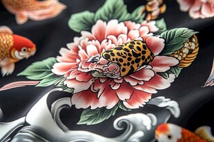 豹纹锦鲤牡丹刺绣图案