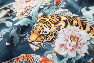 虎跃牡丹锦鲤织物图案