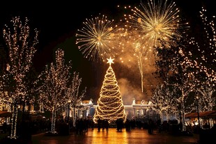 璀璨烟花下的圣诞树夜景