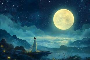 月夜佳人立崖赏景
