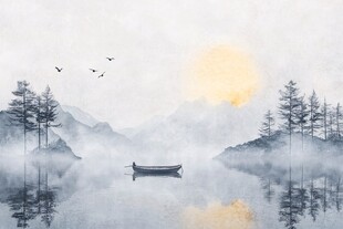 水墨山水间的孤舟落日景