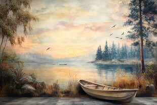 湖畔孤舟 静谧黄昏美景