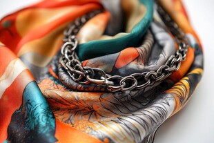 多彩丝巾搭配金属链条饰品