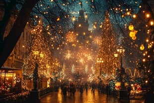 梦幻圣诞夜的璀璨街道