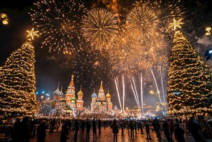 莫斯科夜景烟花与圣诞氛围