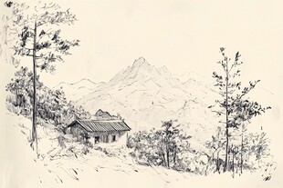 山间小屋风景素描