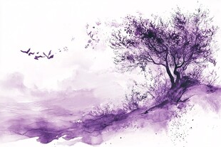 紫色梦幻树与飞鸟水墨画