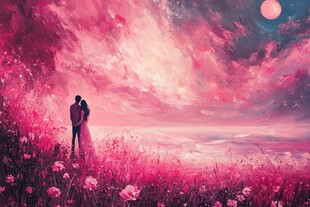 浪漫花海中的情侣依偎