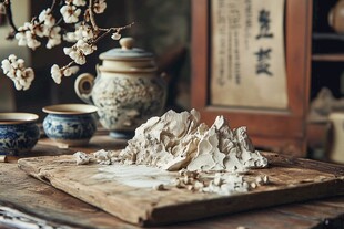 中式茶席前的微缩山石景观