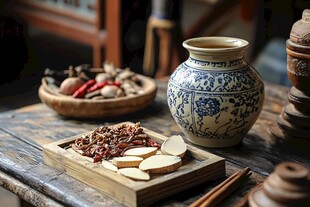 中式药罐与传统中药材