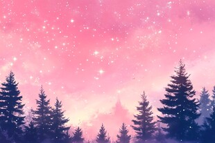 梦幻粉紫星空下的松林