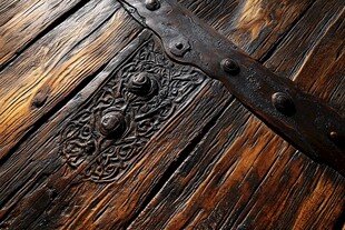 复古木门上的精美金属饰件