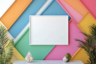 多彩墙前的空白相框