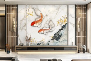 中式客厅锦鲤山水背景墙