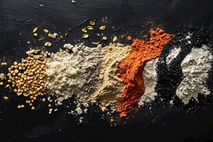 多样食材粉末与颗粒展示