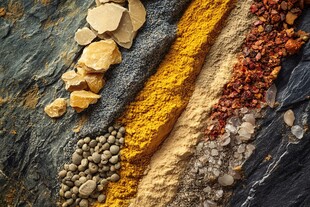 多样香料排列在岩石表面