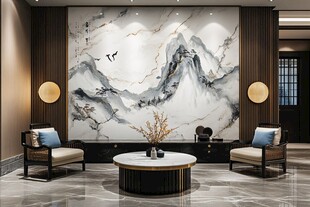新中式客厅山水壁画空间