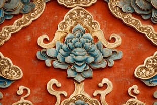 中式红底精美花卉雕刻图案