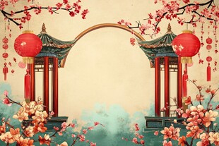 古风亭阁间的春日喜庆景象