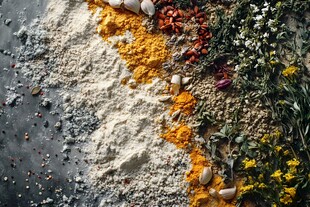 多样香料粉末与新鲜草药