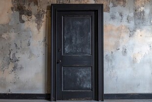老旧墙面旁的黑色木门