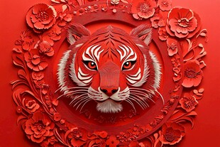 红底剪纸风虎头花饰