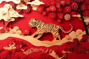 虎年剪纸风喜庆装饰场景