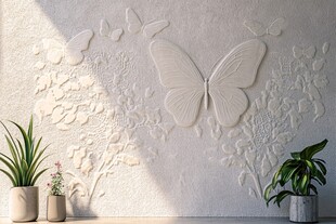 浮雕蝴蝶墙面与绿植装饰