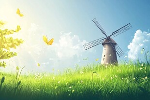 田园风车下的春日美景
