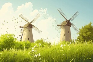 田园中的双风车美景
