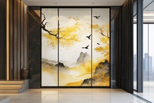 中式玄关山水花鸟艺术屏风