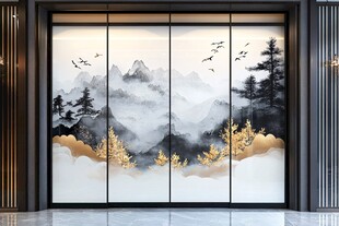 中式山水意境玻璃移门