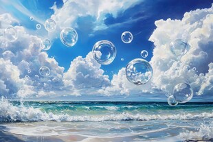 梦幻海面与漂浮的透明泡泡