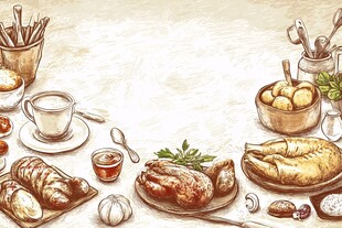 美味佳肴的手绘美食场景