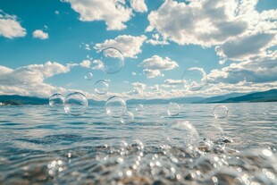 湖畔蓝天飘着透明泡泡