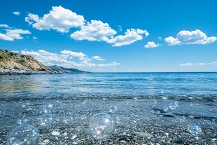 碧海蓝天沙滩上的梦幻气泡