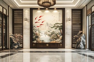 中式大厅的山水鱼趣壁画