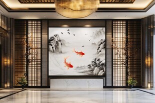 中式大厅的雅致山水鱼壁画
